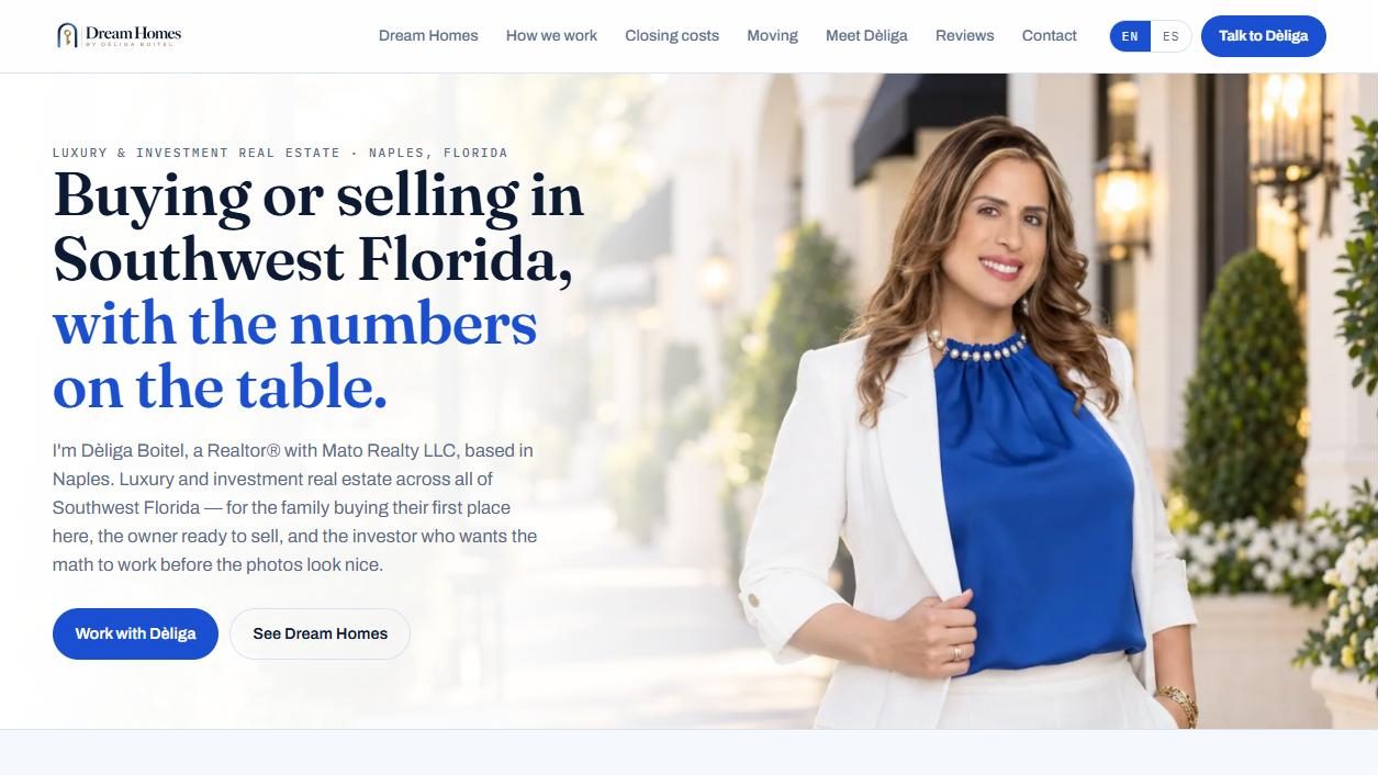 Portada del sitio Dream Homes by Dèliga, agente inmobiliaria en Naples, Florida