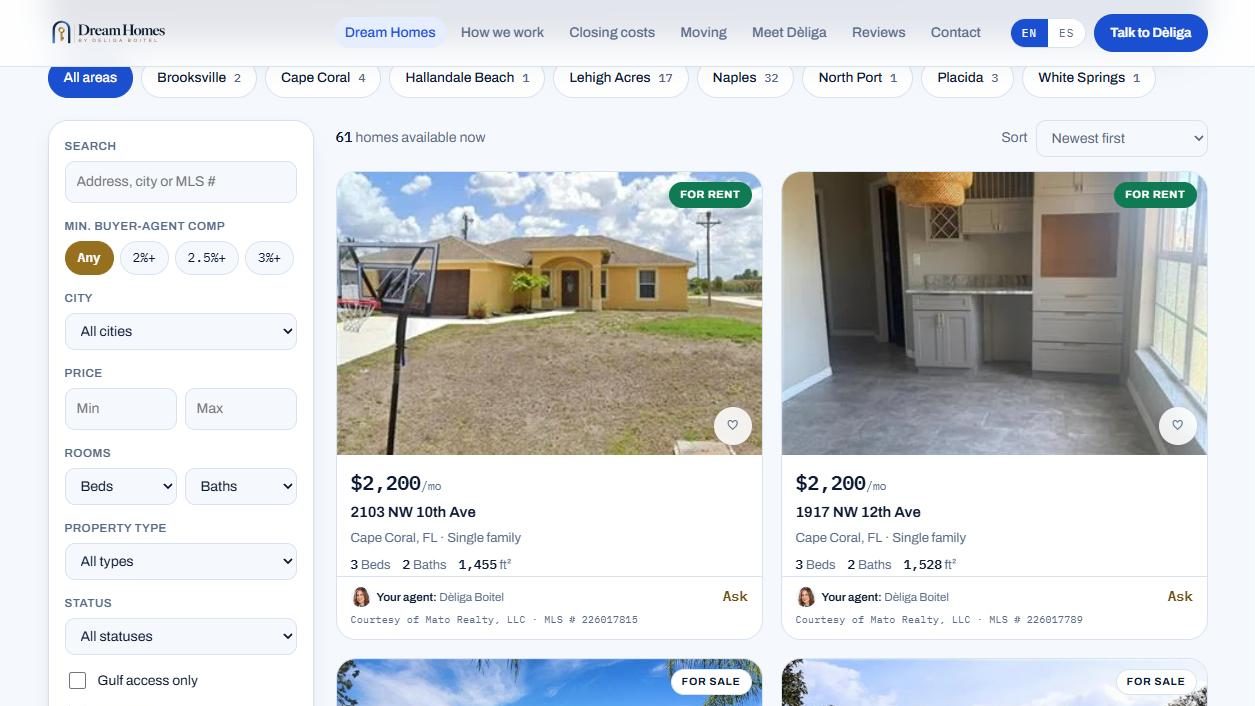 Dream Homes: 61 propiedades con filtros por ciudad, precio y compensación al agente