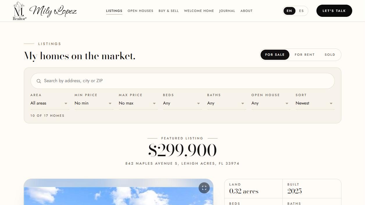 Listings de Mily Lopez con buscador, filtros y compensación al agente del comprador